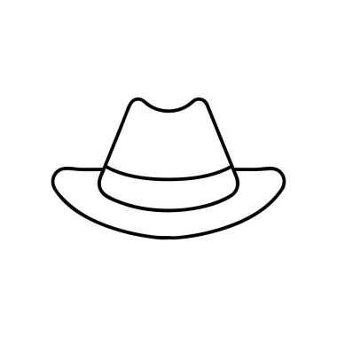 Uygulamalar ve web siteleri için kovboy şapkası ya da country stetson şapka çizgisi sanat vektör ikonu. Taslak stil logoti şablonu. Vektör soyut logosu veya amblemi.