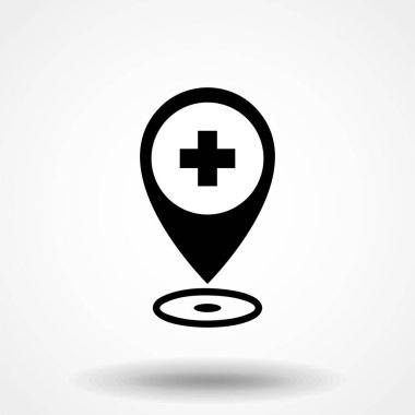 Beyaz arka planda izole edilmiş çapraz hastane simgesine sahip siyah Tıbbi harita işaretçisi. Vektör İllüstrasyonu