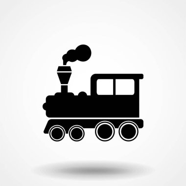 Buharlı lokomotifin dişinin vektör çizimi. Tren sembolü. Basit düz sembol. Beyaz arkaplanda mükemmel siyah resim çizimi.