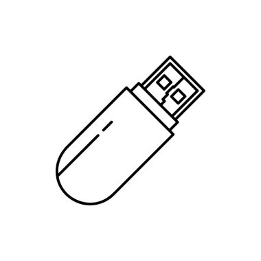 USB Flash simgesi. İnce çizgi donanım koleksiyonu, vektör illüstrasyonundan beyaz zemin üzerinde modaya uygun düz vektör USB Flash simgesi