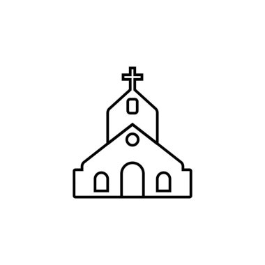 Kilise yapı ikonu, ana hatlar vektör işareti, beyaz üzerine izole edilmiş doğrusal piktogram. logo illüstrasyonu