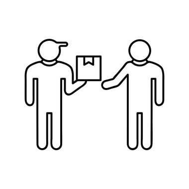 Teslimatçı çizgisi ve sembol, kurye ve teslimat, kutu işareti vektör grafikleri tutan adam, beyaz arkaplan üzerinde doğrusal bir simge, 10