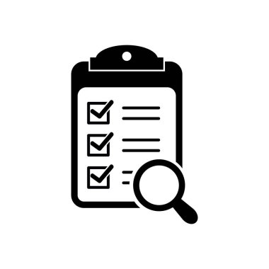 Büyüteç değerlendirme kontrol listesi simgesi. Vektör düz biçim sembolü.
