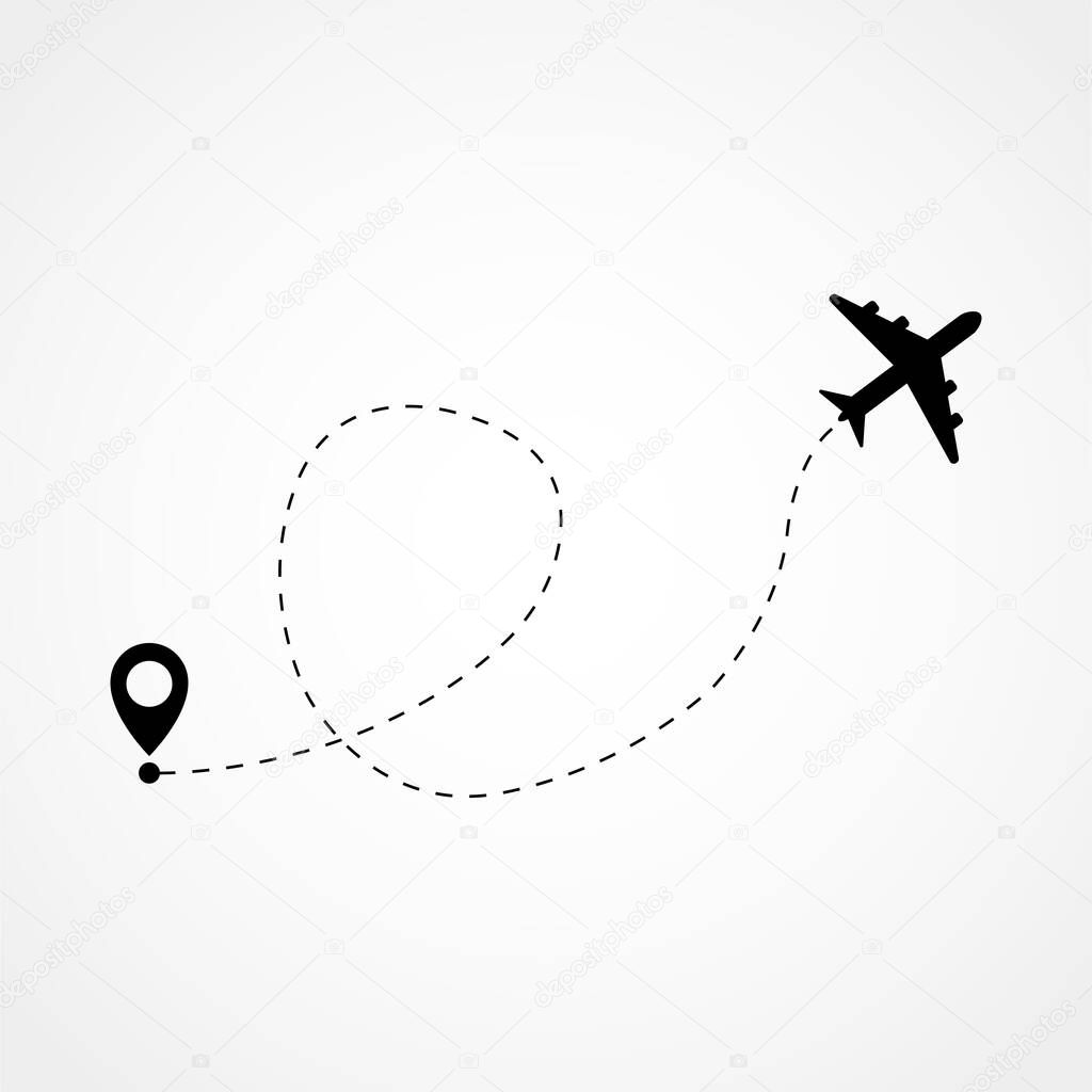 Airplane fligth route or air plane destination line path vector icon
