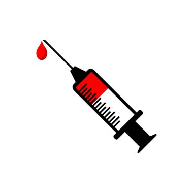 Kanlı ya da aşılı şırınga. Damla vektör çizimi. Aşı dolu düz tıbbi aşı ikonu..