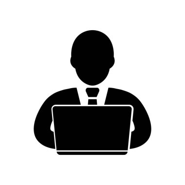 Dizüstü bilgisayar simgesi, vektör illüstrasyonu üzerinde çalışan adam, beyaz arkaplanda izole edilmiş siyah işaret.