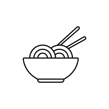 Erişte kasesi siyah çizgi vektör ikonu. Beyaz arkaplanda iki çubuklu porsiyon erişte için düz siyah çizgi vektör simgesi.