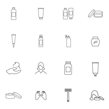 Cilt ikonu. Beyaz arkaplanda çizgi simgeleri. El kremi, vücut losyonu, tıraş bıçağı. Güzellik ürünleri kavramı. Vektör çizimi. Piksel mükemmel