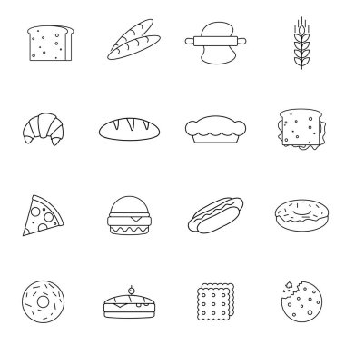 İnce ekmek ve fırın vektör simgesi seti. Web tasarımı ve mobil uygulama için yüksek kaliteli ana hatlı fırın yiyecekleri koleksiyonu. Ekmek, pasta, çörek, turta logosu, vs..