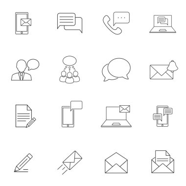 İleti İlgili Vektör Satır Simgelerinin Basit Seti. Sohbet, SMS, Bildirim, Grup Sohbeti ve daha fazlası gibi simgeleri içerir. Web ve Mobil Uygulama Sembolü.
