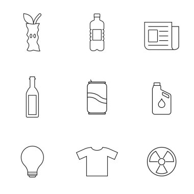 Geri dönüşüm çizgisi simgeleri. Beyaz arkaplanda vektör çizimi. Organik, kağıt, plastik, metal, tekstil, cam, ampul, zararlı.