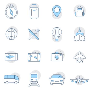 Tur, Seyahat ve Tatil Simgeleri Ayarlandı. Vektör grafik çizimi. Web tasarımı, mobil uygulama.