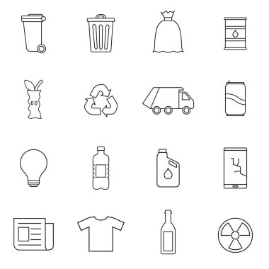 Çöp İlgili Vektör Hattı Simgeleri Basit Seti. Karton, organik atık, plastik, cam, alüminyum kutu ve daha fazlası gibi simgeler içerir.