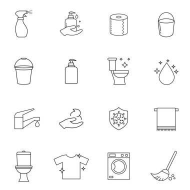 Temiz ve dezenfekte edici ikonlar. Temizlik ve dezenfektan ürünleri, temiz yüzeyler, kıyafetler, yemek ve eller gibi ikonlar içeriyor. Vektör illüstrasyonu beyaz arkaplanda izole edildi.