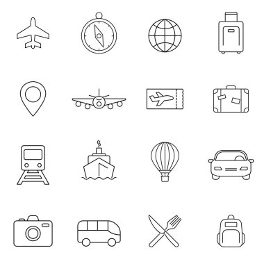 Seyahat ve turizm ikonu trend doğrusal olarak ayarlandı. Contour sembolü. Vektör izole çizimi.