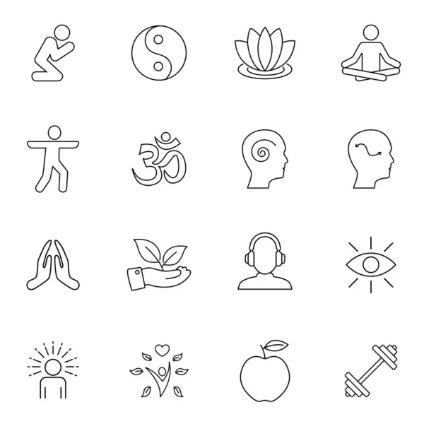 Meditasyon Uygulaması ve Yoga Vektör Satırı Simgeleri Ayarlandı. Rahatlama, iç huzur, kendini tanıma, iç konsantrasyon. EPS 10