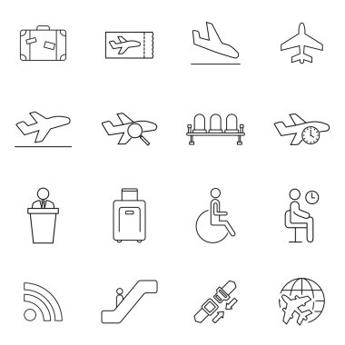 Kaliteli Evrensel Standart Minimum Havalimanı Siyah İnce Çizgili Simgeler Beyaz Arkaplanda. Sembol Logosu İllüstrasyonu.