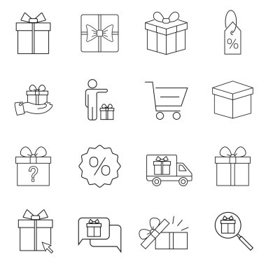 Basit Yetenekler Kümesi İlgili Vektör Satır Simgeleri. Gift Card, Present Offer, Ribbon ve daha fazlası gibi simgeler içerir. Sembol, logo çizimi. Piksel mükemmel vektör grafikleri