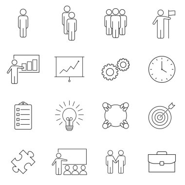 Takım çalışması ile ilgili simgelerin basit bir koleksiyonu. İnfografik, logo, uygulama geliştirme ve web sitesi tasarımı için ince çizgi vektör kümesi. Beyaz arka planda izole edilmiş birinci sınıf semboller. Bölüm 10