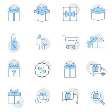 Hediye kutusu çizgisi simgeleri. Düz çizgi biçimli bilgi grafikleri. Beyaz arka planda izole edilmiş birinci sınıf semboller. Vektör EPS10