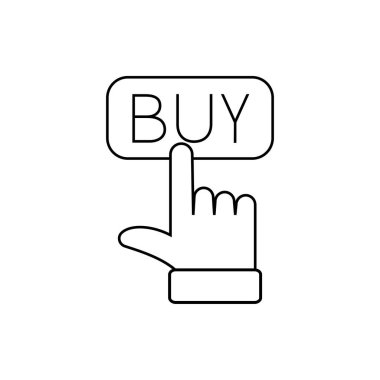 Satın alma düğmesi ana hatları simgesine parmak tıklayın. Basit doğrusal element çizimi. İzole çizgi Parmak beyaz arkaplandaki satın alma düğmesine tıklıyor. Web, mobil ve UI için kullanılabilir.