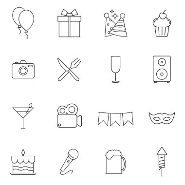 Parti, kutlama, havai fişekler, konfeti ve daha fazlası, ince çizgi simgeleri, vektör illüstrasyonu. Web sitesi ve mobil uygulama için grafiksel görüntü izole edildi. Logo illüstrasyonu.
