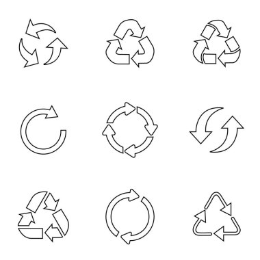 Geri dönüşüm simgesi seti, satır versiyonu, vektör eps10. Beyaz arkaplanda izole edilmiş en iyi simgeler.