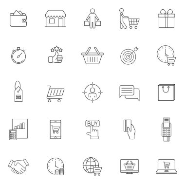 Alıcı satırı simgeleri ayarlandı. Temassız ödeme kartı, alışveriş arabası ve bir grup insan. Mağaza, alıcı sadakat kartı, müşteri sıralama simgeleri. Çevrimiçi ödeme, alışveriş saati, para birimi. Bölüm 10