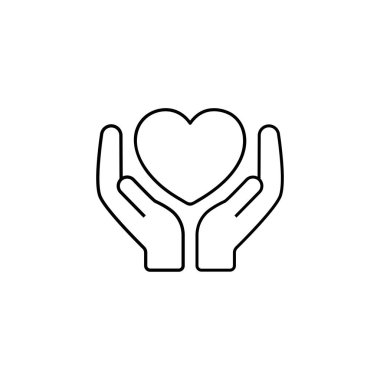 Kalp çizgisi simgesi olan eller. Mobil konsept ve web tasarımı için doğrusal biçim işareti. Charity basit çizgi vektör simgesi. Aşk sembolü, logo illüstrasyonu. Web tasarımı, mobil uygulama.
