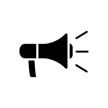 Duyuru simgesi. Siyah vektör çizimi. Duyuru işareti. Beyaz arkaplanda izole edilmiş megafon vektör sembolü. Ağ ve cep telefonlarında kullanılabilir.