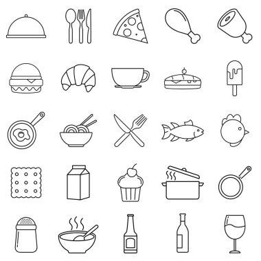 Restoran simgesi bilgi grafikleri, web siteleri ve yazdırma ortamları için uygun. Siyah ve beyaz düz çizgi simgeleri. Taslak vektör logosu illüstrasyonu.