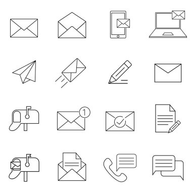 İleti ve E- posta satırı simgesi ayarlandı. Basit mono lineer pictogram paketi. Logo konsepti, web grafikleri.