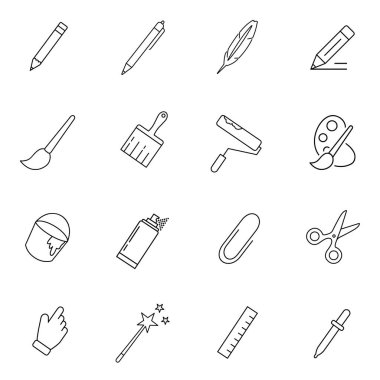 Çizim ve yazma araçları simgesi seti, ince çizgi tarzı, düz tasarım. Modern grafik tasarım kavramları.