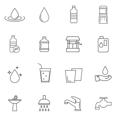 Su ikonu hazır. Su damlası, nem, sıvı, su şişesi, su kuyusu ve daha fazlası gibi ikonlar içeriyordu. Web sitesi ve mobil uygulama için ince doğrusal grafik piktogram. Logo çizimi. Bölüm 10.