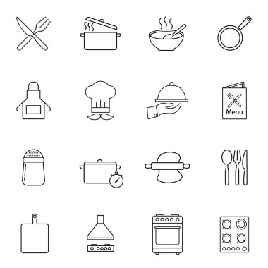 Çeşitli mutfak gereçleri ve yemekle ilgili nesnelerin yer aldığı bir dizi temiz çizgi simgesi. Web sitesi ve mobil uygulama için ince doğrusal grafik piktogram. Logo çizimi. Bölüm 10.