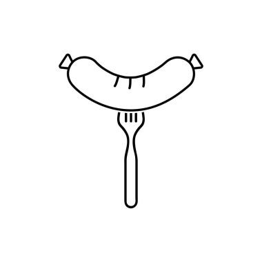 Sosis ve çatal çizgili ikon. Mobil konsept ve web tasarımı için doğrusal biçim işareti. Izgara sosis basit çizgi vektör simgesi. Sembol, logo çizimi. Mükemmel vektör grafikleri