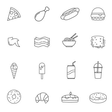 Fast food, abur cubur ve sağlıksız beslenme simgelerinin toplanması. İnce çizgiler tarzı. Modern taslak biçim simgeleri koleksiyonu. Mükemmel vektör grafikleri