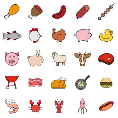 Et, kümes hayvanları, balık ve yumurta - düz ağ simgesi seti. Taslak simge koleksiyonu. Basit vektör illüstrasyonu.