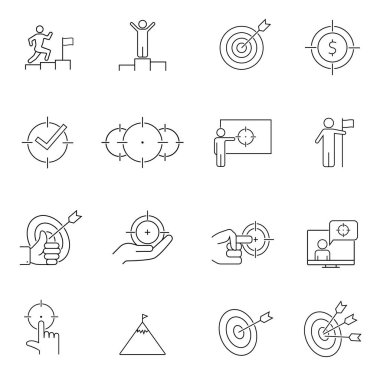 Hedef ve Hedef Satır Simgeleri Ayarlandı. Başarı, İş hedefi, Görev Yolu ve daha fazlası gibi simgeler içerir. Sembol, Logo İllüstrasyonu.