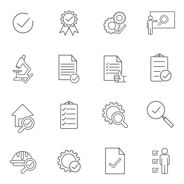 Denetim simgesi. Teftiş ve Test çizgisi simgeleri ayarlandı. Sembol, logo çizimi. Web tasarımı, mobil uygulama.