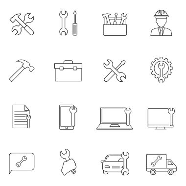 İlgili Vektör Hattı Simgelerinin Onarımı. Mühendis, tornavida, teknik destek ve daha fazlası gibi simgeler içeriyor. Sembol, Logo Illustration. Web Tasarımı, Mobil Uygulama.