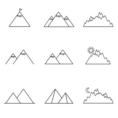 Dağ çizgisi simgesi hazır. Mobil uygulamalar ve web sitesi tasarımı için modaya uygun ana hatlar. Moda tarzında simge paketleri. Vektör çizimi. Bölüm 10