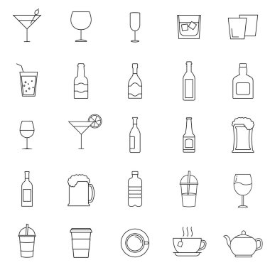 Kokteyl ve gözlük vektör simgeleri ayarlandı. İçecek tabelası. Web tasarımı, mobil uygulama. Vektör çizimi. Bölüm 10