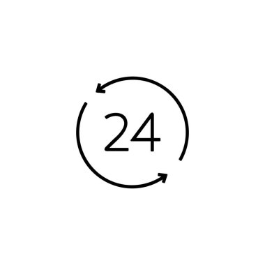 Saat simgesi etrafında dön. 24 saat çalışıyorum. Doğrusal stil. İzole vektör. Moda tarzında simge paketleri. Vektör çizimi. Bölüm 10