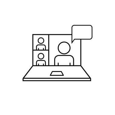 Laptop ince çizgi ikonunda konferans görüntüsü. Uzaktan öğrenme. Grup üyeleri ekranda. Moda tarzında simge paketleri. Vektör çizimi. Bölüm 10
