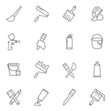 Fırçalar ve boyama simgeleri ayarlandı. Fırça ve boya paketi sembolü. Beyaz arkaplanda web siteleri, web tasarımı, mobil uygulama işaretleri ve sembolleri.