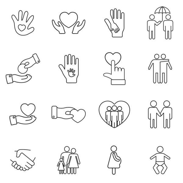 Charity, donation and volunteering icon set in thin line style. Black and white flat line icons.