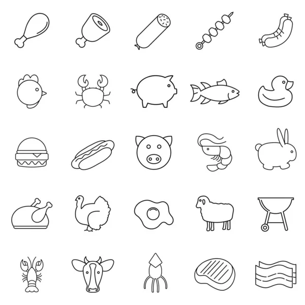 Vektor Symbole Mit Fleisch Fisch Eiern Und Meeresfrüchten Umrisse Icons — Stockvektor