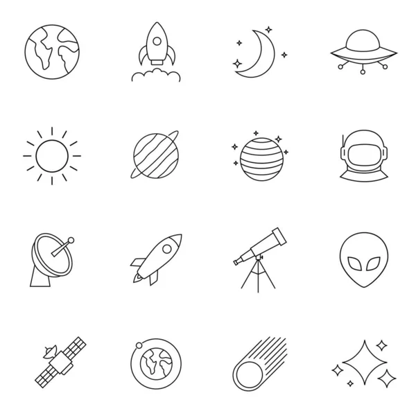 Espaço Astronomia Ícones Linha Fina Símbolo Ilustração Logotipo Web Design —  Vetores de Stock