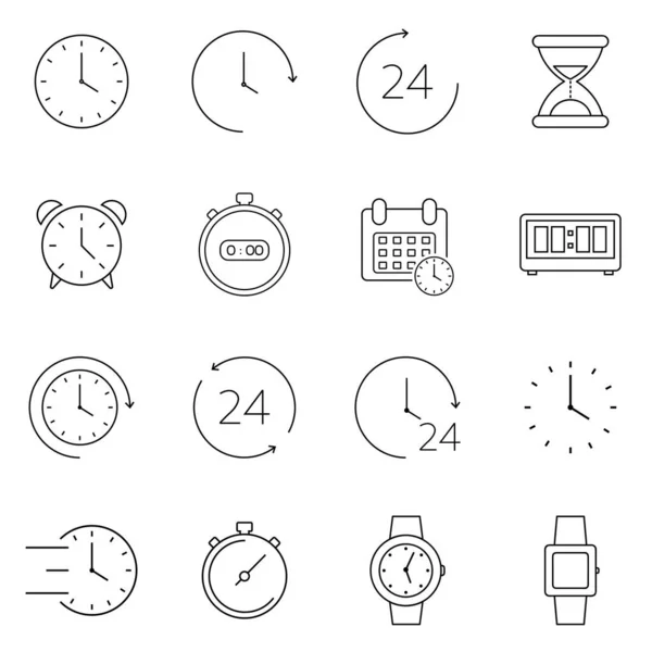 Iconos Línea Tiempo Tipos Relojes Alarmas Temporizadores Relojes Establecidos Pack — Vector de stock